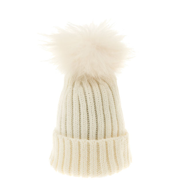 Ivory Ribbed Beanie Hat Single Pom