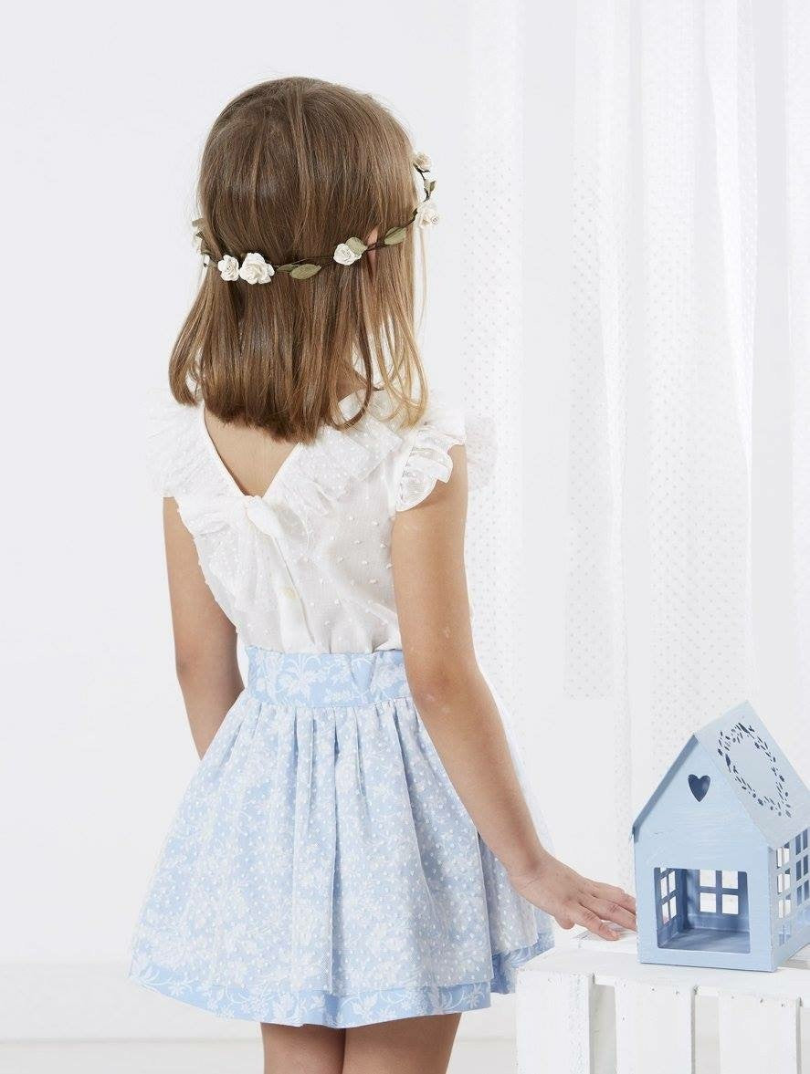 'Sky' white top and light blue skirt