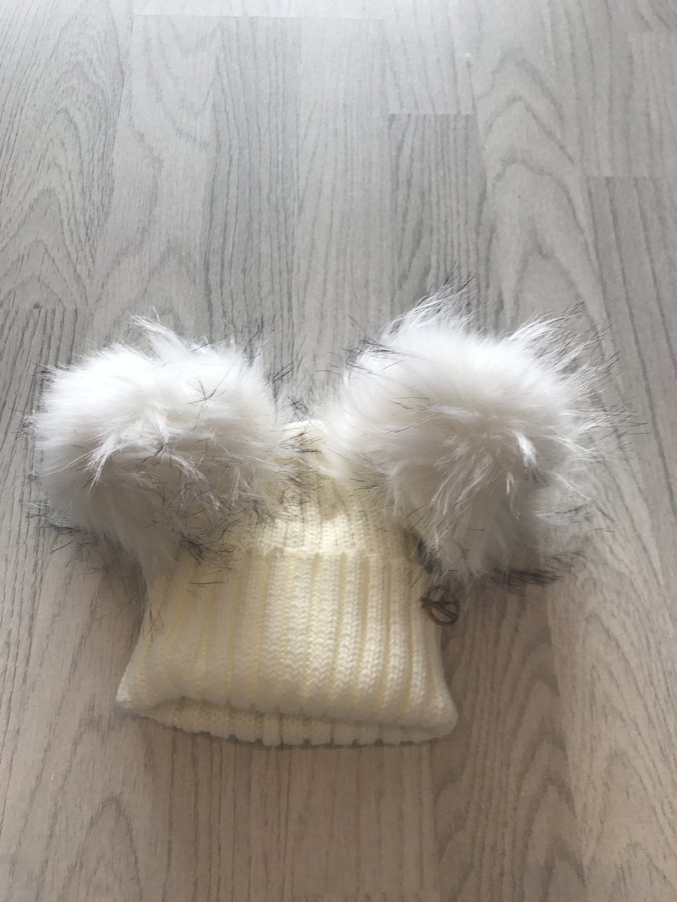 Cream Ribbed Double Pom Pom Beanie