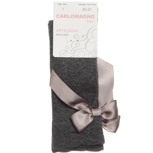 Grey Knee High Satin Bow Socks