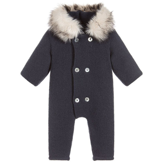 Navy Knit Pramsuit with Fur Hood