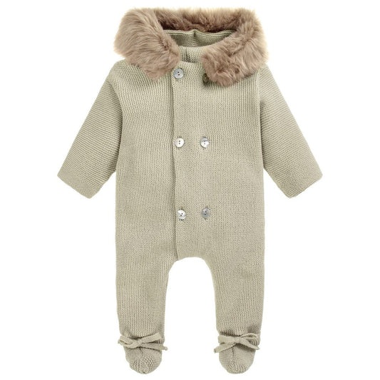 Olive Green Knit Pram suit With Fur Hood