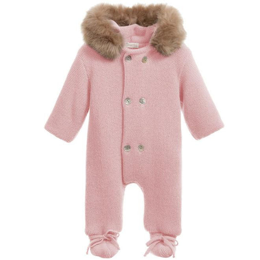 Pink Knit Pramsuit With Fur Hood