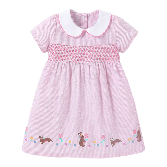 Pink Seersucker Bunny Smocked Dress