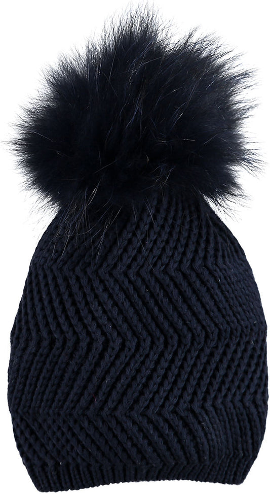 Navy Zigzag Single Pom Hat