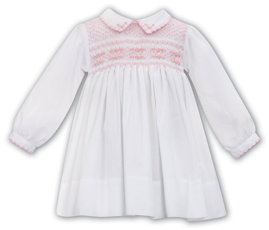 White and Pink Long Sleeved Smocked dress