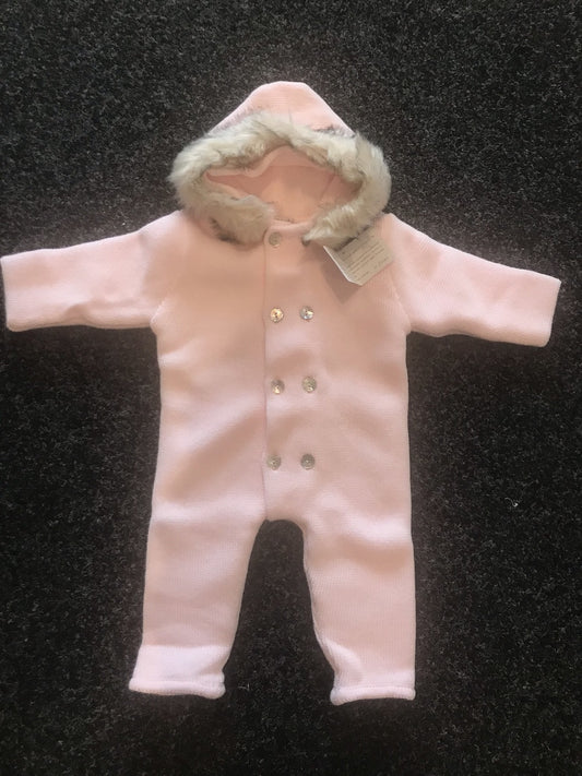 Light Pink Knit Pramsuit with Fur Hood