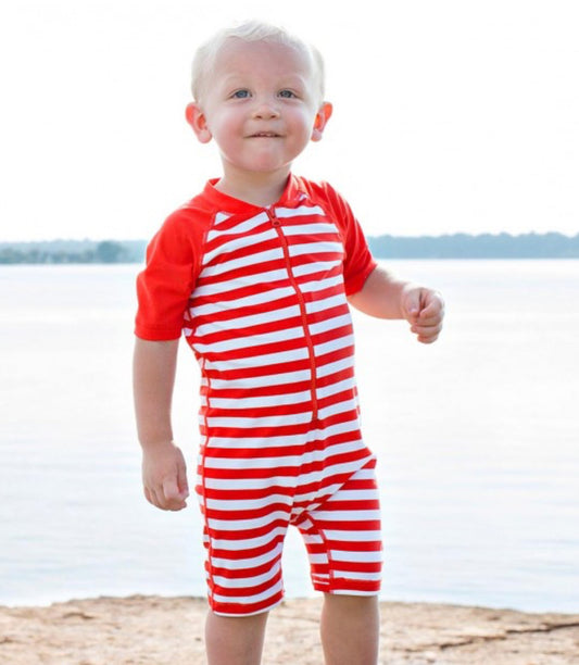 Red Striped Swimmer With Rash Guard