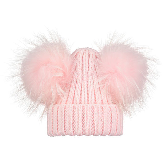 Pink Ribbed Double Pom Pom Beanie