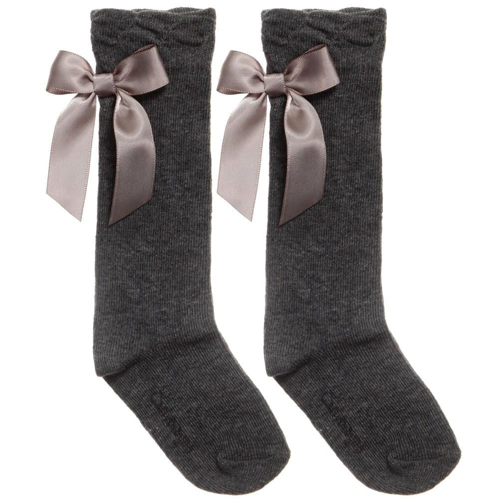 Grey Knee High Satin Bow Socks