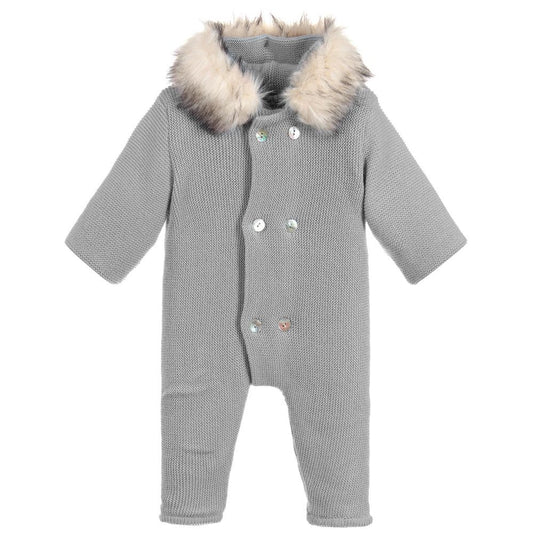 Grey Knit Pramsuit with Fur Hood