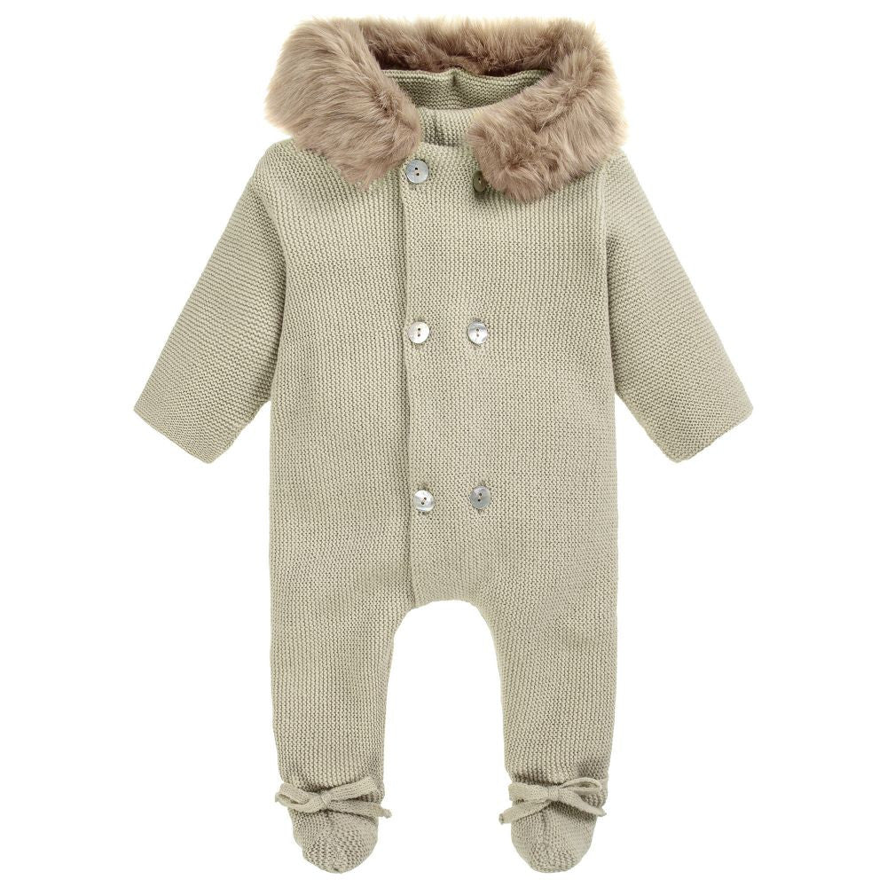 Olive Green Knit Pram suit With Fur Hood