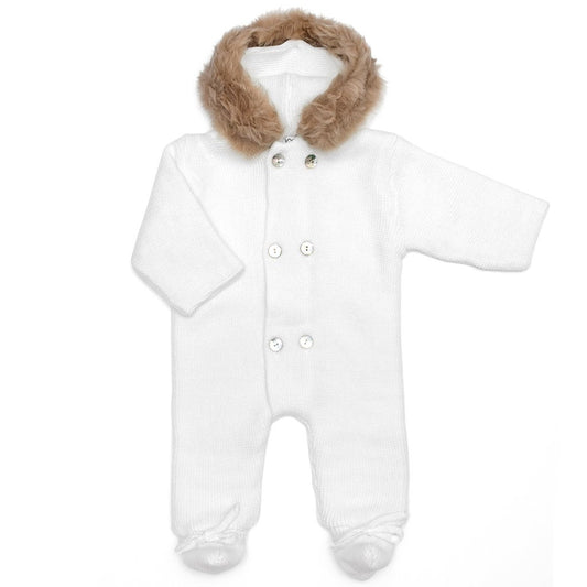 White Knit Pramsuit With Fur Hood